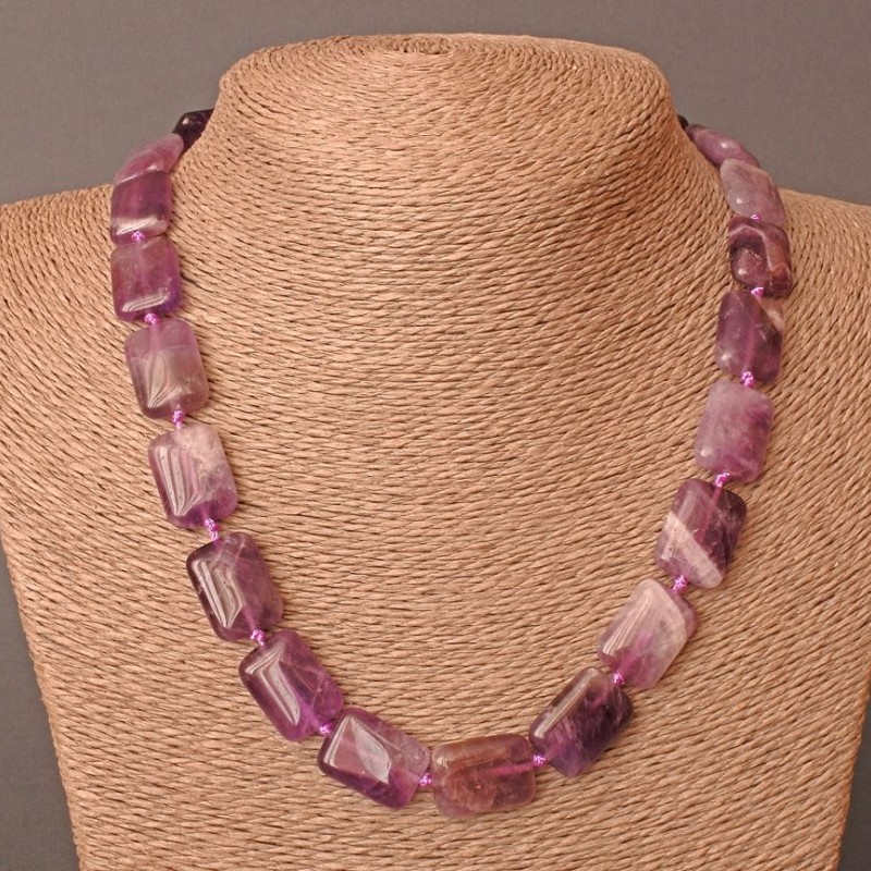 Halskette aus natürlichem Amethyst, rechteckige Steine, ca. 13 × 18 mm, Länge 48 cm